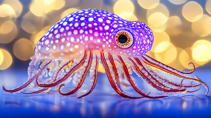 Enchanting iridescent jellyfish with vibrant purple and white spots, gracefully posing against a bokeh background.