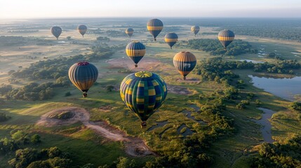 Fototapeta premium Colorful hot air balloons over a savanna landscape at sunrise