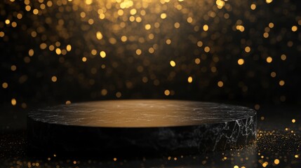 Elegant black marble podium with shimmering golden bokeh background for product display or award presentation in a luxurious setting