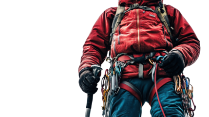 Climber's Grit:  A determined mountaineer stands confidently,  clad in vibrant red outerwear and equipped with essential climbing gear, against a snowy backdrop, poised for a challenging ascent.