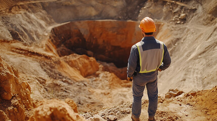 Geologist inspecting a deep hole for mineral deposits at a mining site. Featuring analysis and exploration