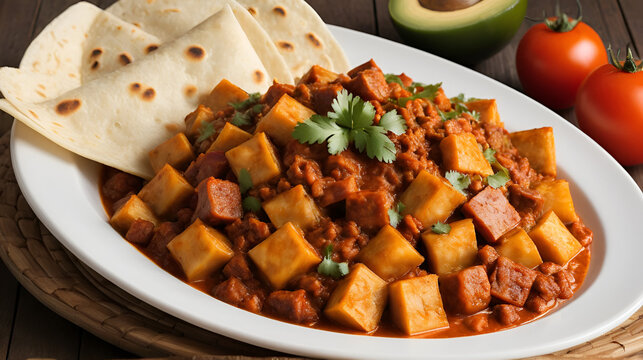 Entomatadas con chorizo are a typical Mexican dish consisting of a tortilla bathed in tomato sauce and pork meat.