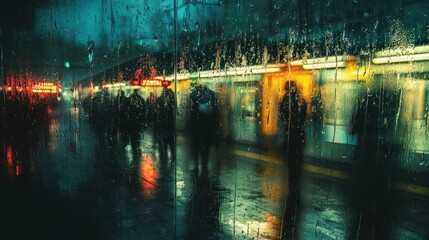 Obraz premium Impressionistic view of a rainy subway platform, blurred through a wet window