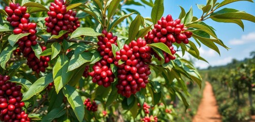 Obraz premium Coffee tree laden with ripe red coffee cherries on a plantation, sunlight, red