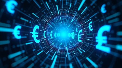 Obraz premium Futuristic digital artwork of glowing currency symbols ($, €, ¥, £) in a tunnel-like cyber space, symbolizing global finance, digital economy, and financial technology.
