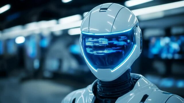 Close up of a white robot with blue glowing visor in a futuristic setting.