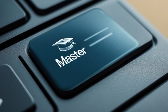 Online education key on laptop,  graduation cap icon,  digital learning,  background of keyboard