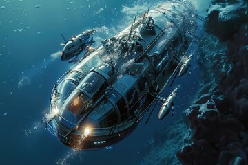 A futuristic research ship explores the ocean depths, with human scientists and AI submersibles working together. Equipped with advanced underwater exploration technology, the ship features AI