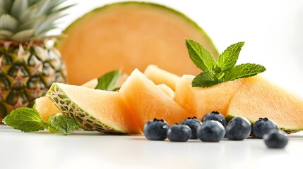 Freshly cut cantaloupe slices, blueberries, and a whole pineapple with mint leaves. A vibrant and healthy summer fruit platter, perfect for a refreshing snack or dessert.