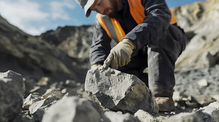 Geologist testing rock samples with a portable kit at a mining exploration site. Featuring field research and exploration