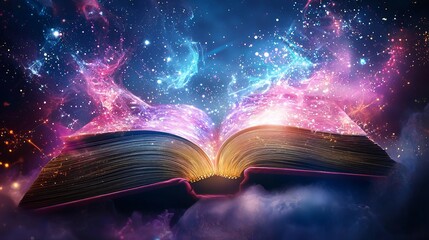 An open book releases vibrant galaxy-like colors, blending magic and wonder in a captivating display of imagination and creativity.