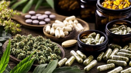 Close-up view of herbal supplements cannabis buds capsules pills jars bowls wooden surface showcasing natural health and wellness products for consumers