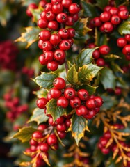 Obraz premium Lustrous red berries cluster on a vibrant gold-tinged holly branch, festive winter decor, holly leaves, leaves