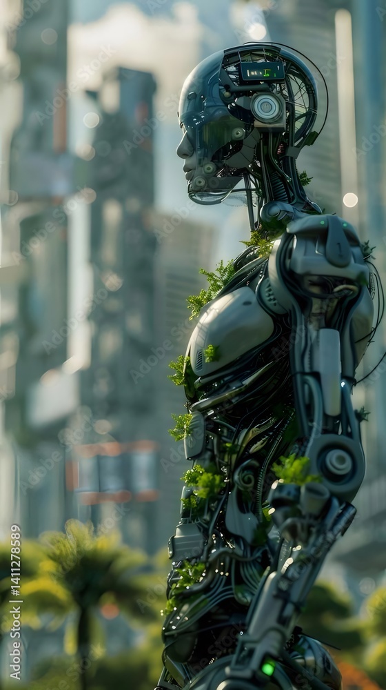 Poster 未来的なサイボーグの肖像画 都会の緑豊かな背景に金属と植物の融合