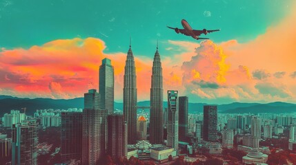 Fototapeta premium Airplane flies over kuala lumpur skyline with colorful clouds
