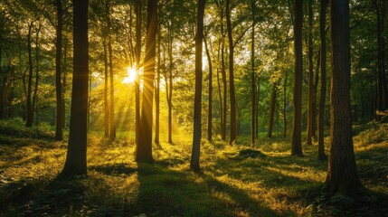 Fototapeta premium Golden Hour in the Forest: A Serene Sunset Scene