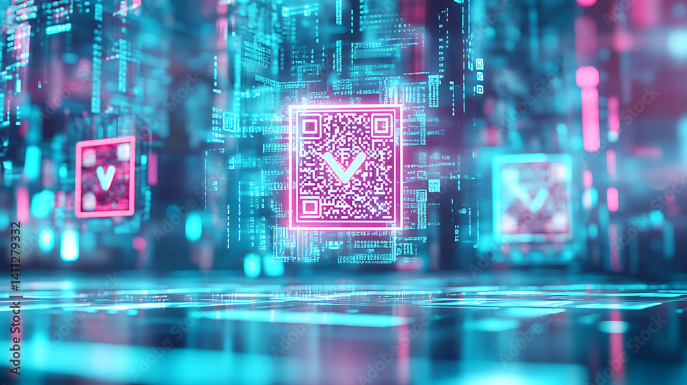 Poster dynamic qr code integration in digital environments virtual reality experience futuristic technology