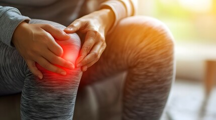 Person holding knee with red glow indicating pain or inflammation.