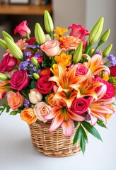 Obraz premium Vibrant mixed flower bouquet in a woven basket; roses & lilies, purple lilies, rustic