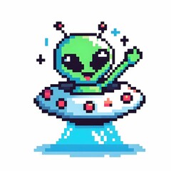 Obraz premium Friendly Pixel Alien in Saucer Suitable for Design Inspiration