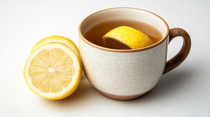 Rustic mug filled with light-brown tea featu a swirling lemon peel and two lemon slices on a bright white background for organic beverage lovers