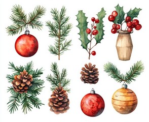 Christmas ornament decorations festive holiday theme watercolor illustration isolate on white background