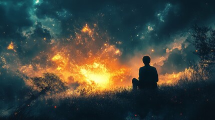 Silhouette of a person sitting on a hillside, gazing at a vibrant sunset with swirling clouds