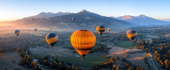 Obraz premium Colorful Hot Air Balloons Over Mountainous Landscape at Sunrise