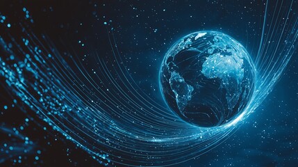 Obraz premium A stunning digital depiction of Earth surrounded by glowing blue lines, representing connectivity and technology in a cosmic space.