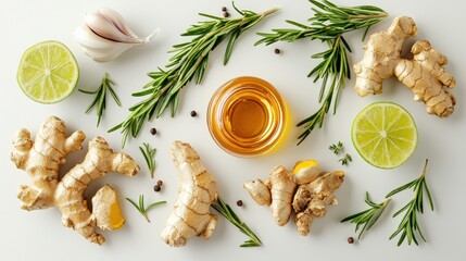 Overhead flat lay of fresh ginger root, rosemary sprigs, lime wedges, garlic cloves, black peppercorns, and golden oil on a bright white background
