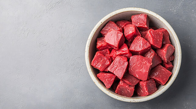 Fresh beef cubes for cooking kitchen food preparation neutral background top-down view culinary ingredient