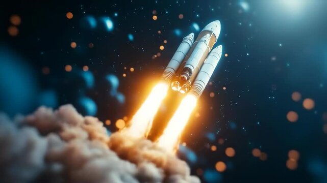 Close up view of a rocket launching into space, bright orange flames against a dark blue background with bokeh lights.