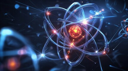 Obraz premium A striking representation of an atom featuring glowing electrons orbiting a vibrant nucleus, blending blue and orange hues for a dynamic effect.