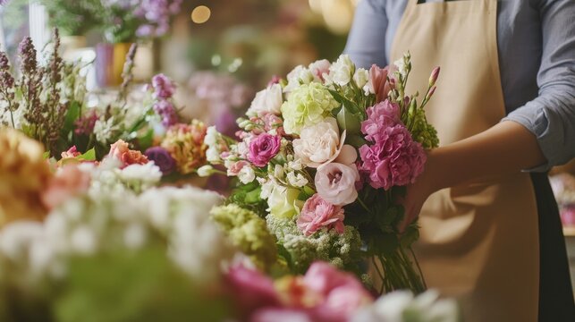A florist arranging flowers in a shop. Featuring creativity and beauty