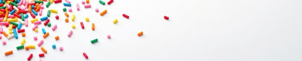 Rainbow sprinkles scattered on white background, colorful sprinkles, colorful