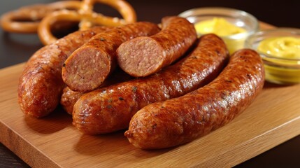 Appetizing Grilled Sausages on Wooden Board with Mustard and Pretzels Food Presentation Style