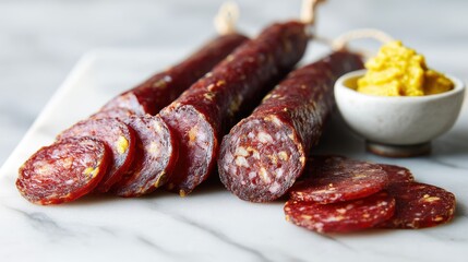 Delicious dark cured pork sausage with mustard dip on marble board rich color food photography