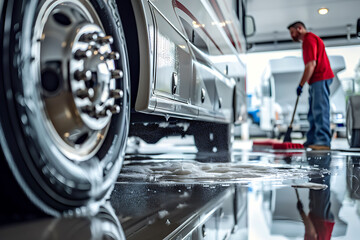 Photograph of an upscale car wash facility, capturing the moment as someone is washing their RV with large industrial brushes and water jets. The scene includes a white van parked 