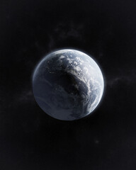 3d rendering of highly realistic planet earth in darkness of space surrounded with fainted lights of stars