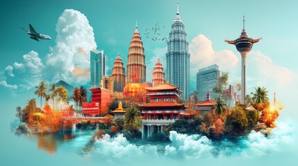 Fototapeta premium Kuala Lumpur Malaysia skyline with plane and vibrant colors