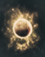 3d rendering of a warm planet surrounded with glowing atmosphere next to a nebula in the vastness of space