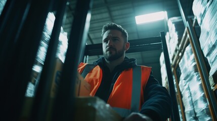 A forklift driver transporting goods in a busy warehouse. Featuring efficiency and coordination