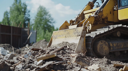 Heavy machinery operator using a bulldozer to clear debris at a mining site. Featuring excavation and power