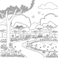 A black and white park illustration line art of a coloring page