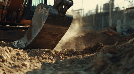 Heavy machinery operator working with an excavator on a site. Featuring excavation and earthmoving
