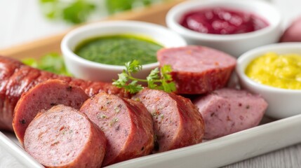 Fototapeta premium Assorted sausage platter with vibrant colorful dips artful presentation culinary still life close up