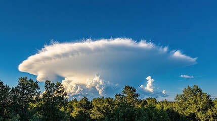 Dramatic lenticular cloud formation over a verdant tree line under a vibrant blue sky