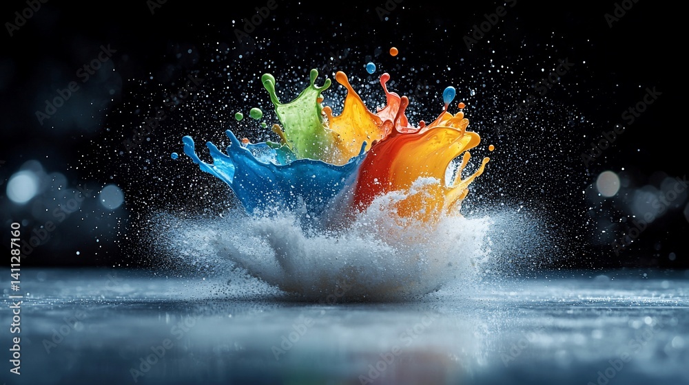 Poster colorful paint splashes exploding onto a surface