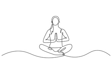 Continuous one line drawing of Young Woman doing yoga and meditation. Single line drawing illustration of Woman doing yoga. Fitness and gym concept vector art. Doodle line illustration.