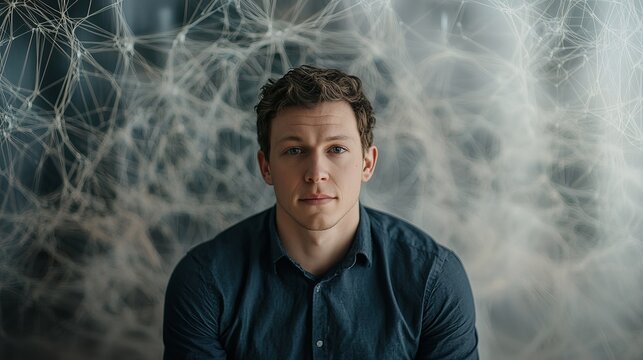 Young Caucasian man with curly hair poses against a web-like backdrop, conveying a contemplative mood and artistic vibe.